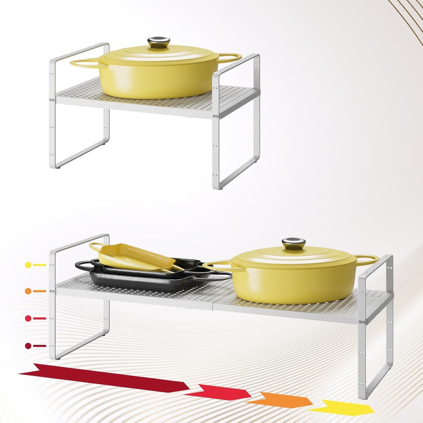 Hole Pattern Expandable Shelf Organizer,1Pack 10.2" Wide Easy to Assemble Cabinet Organizer Shelf, 16.5~27.1" Adjustable Height&Stackable Spice Organization for Cupboard, White