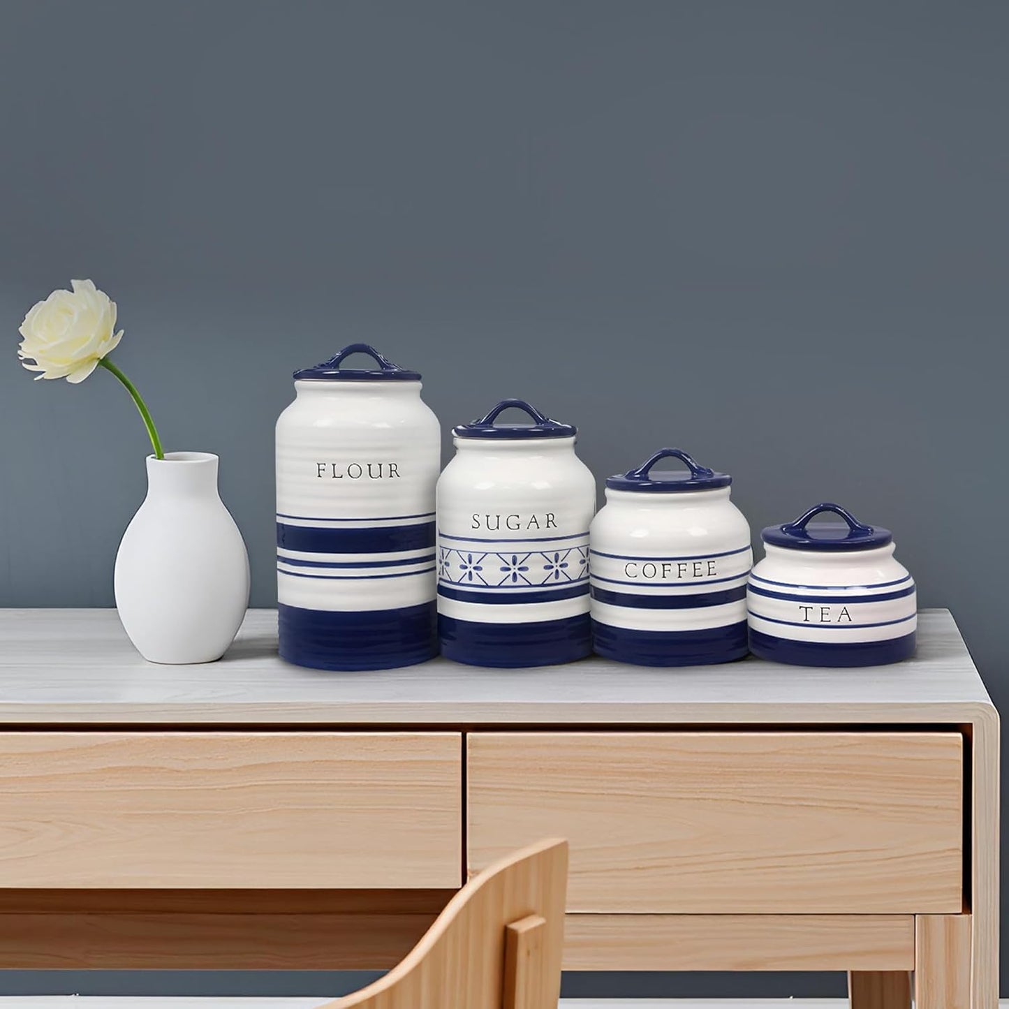 Young's Inc. 4 Pcs Set Modern-Cool Accent Ceramic Canisters- Storage Container for Kitchen and Bathroom - Beautiful Home Decor Accent to Store Food, Coffee, Tea, and More - White