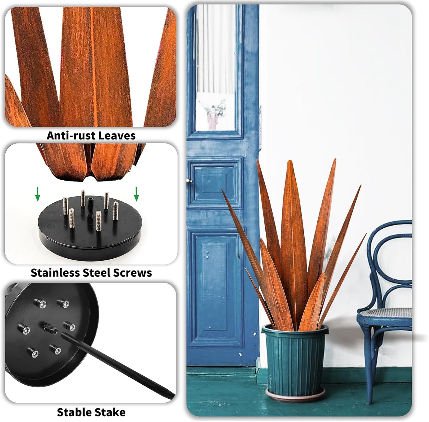 Metal Agave Plants, Tequila Rustic Sculpture, Metal Yard Art, Outdoor Lawn Ornaments Yard Stakes (Rusty- L)