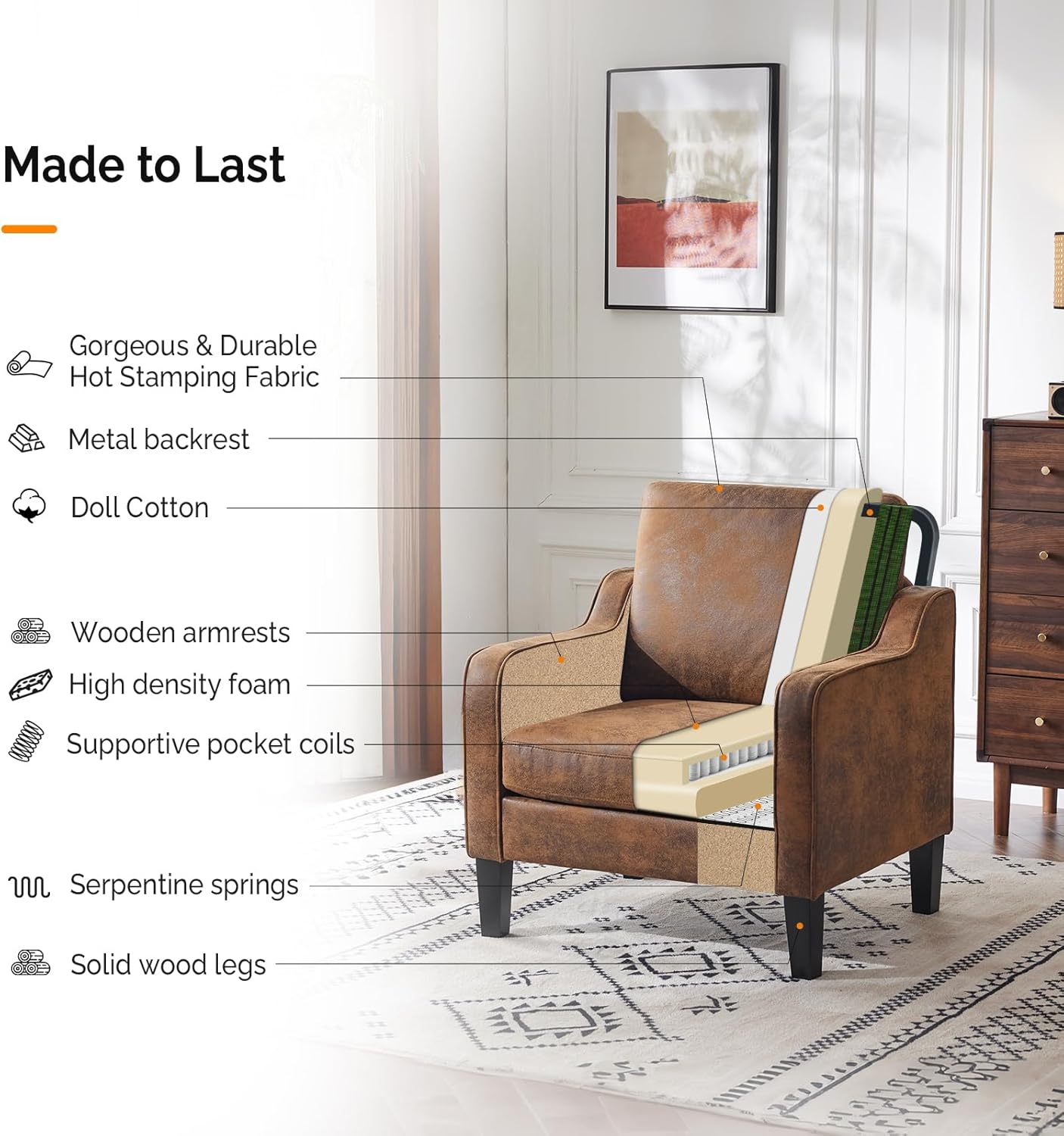 VINGLI Accent Chair for Living Room Chairs Rustic Reading Chair for Bedroom Scooped Arm Chair Mid Century Modern Accent Chairs Upholstered Comfy Chair for Apartment, Waiting Room