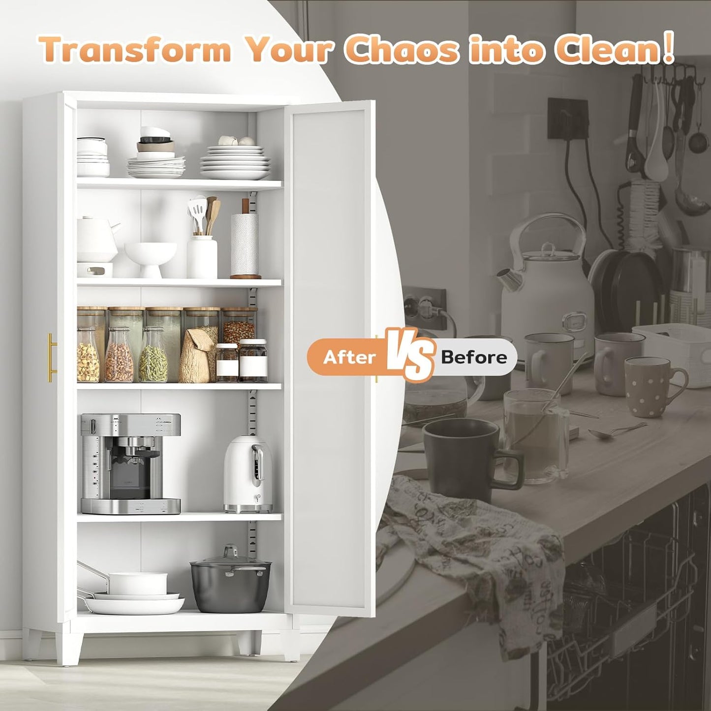 70.87" H Metal Kitchen Pantry Cabinet, Freestanding Cupboard with 2 Doors and 4 Adjustable Shelves, Tall Metal Storage Cabinet for Kitchen, Bathroom, Dinning Room or Laundry Room （White）