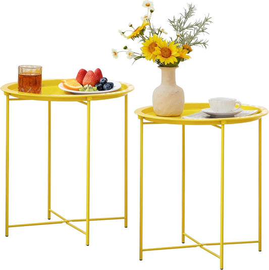 VECELO Side/End Table, Folding Round Metal Anti-Rust and Waterproof Outdoor or Indoor Tray for Living Room Bedroom Balcony and Office, 2 PCS, Yellow