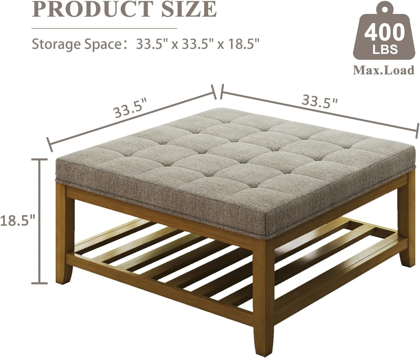 Large Square Ottoman Coffee Table, Linen Solid Upholstered Footrest Ottoman with Solid Wood Shelf Storage Tufted Coffee Table for Bedroom Living Room, Linen