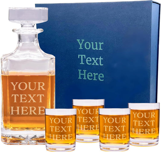 Gifts Inscribed Personalized Whiskey Decanter Set - Engraved Whiskey Decanter Bottle & Set of 4 Custom Drinking Glasses Laser Etched - Customized Whiskey Gift for Wedding, Anniversary, Birthday, Dad