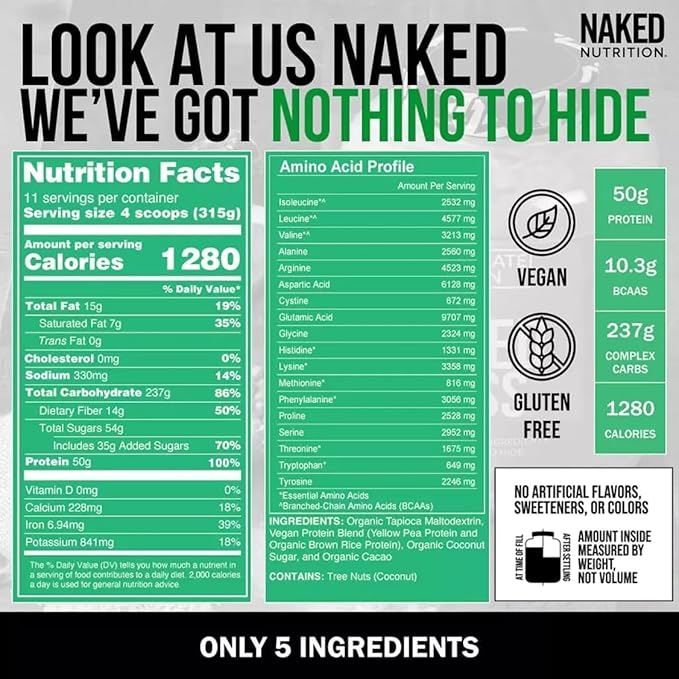 Naked Mass - Chocolate Vegan Weight Gainer - 8Lb Bulk, GMO Free, Gluten Free, Soy Free & Dairy Free. No Artificial Ingredients - 1,280 Calories - 11 Servings