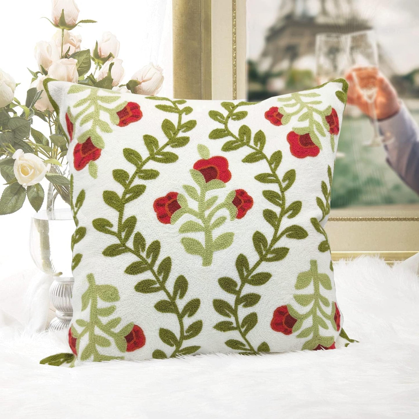 Alysheer Floral Embroidered Summer Decorative Throw Pillow Cover 18"x 18", Farmhouse Cottage Red Flowers Green Leaves Knit Pattern Cotton Canvas Cushion Case for Sofa Couch Bed Living Room Decor
