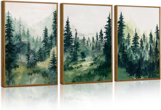 Tinonedraw Misty Forest Framed Canvas Wall Art Set, Modern Pine Trees Wall Painting, Watercolor Nature Foggy Landscape Wall Decor, Neutral Mountain ArtWork for Bedroom Living Room and Office 24"x36"x3
