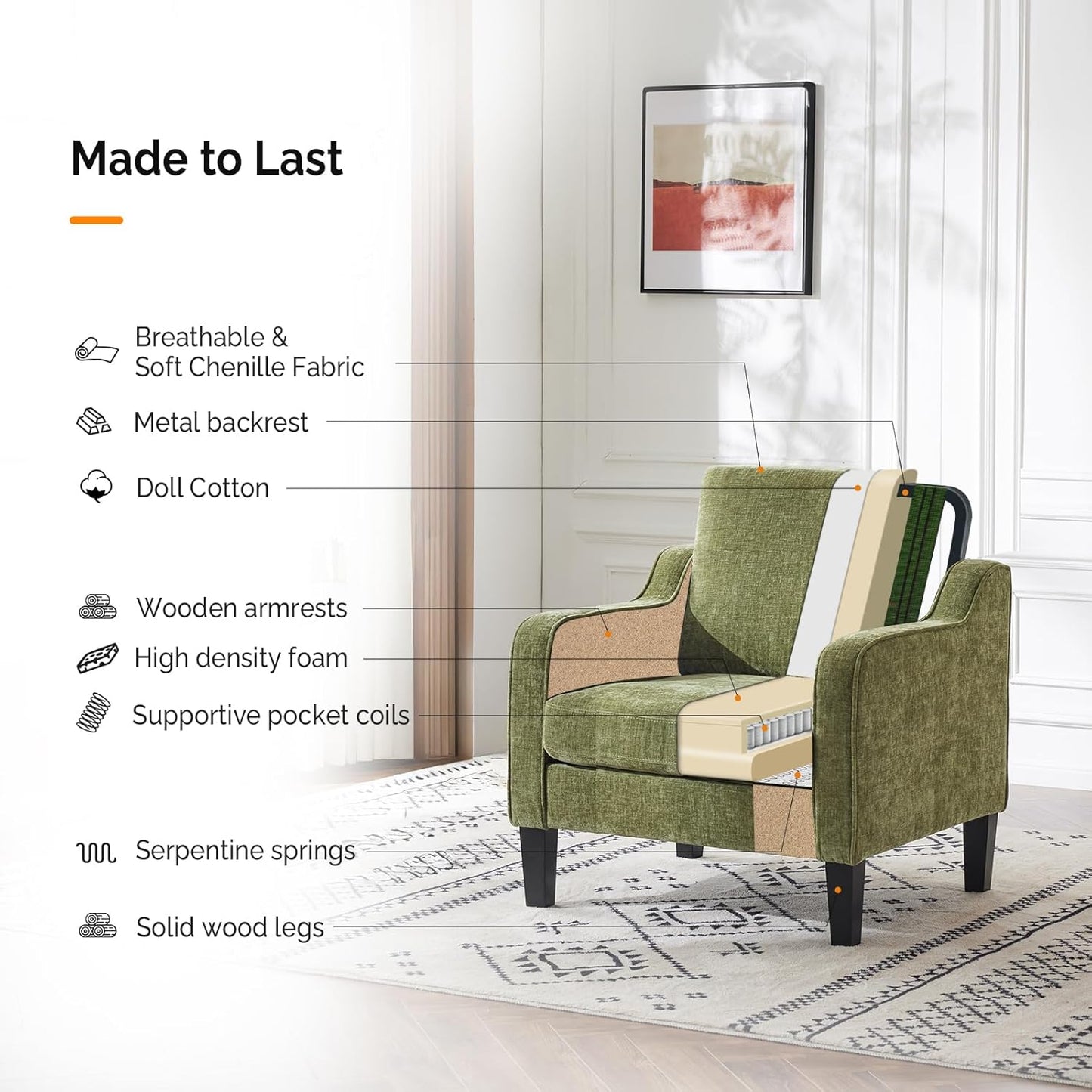 VINGLI Accent Chair for Living Room Chairs Olive Green Reading Chair for Bedroom Scooped Arm Chair Mid Century Modern Accent Chairs Upholstered Comfy Chair for Apartment, Waiting Room