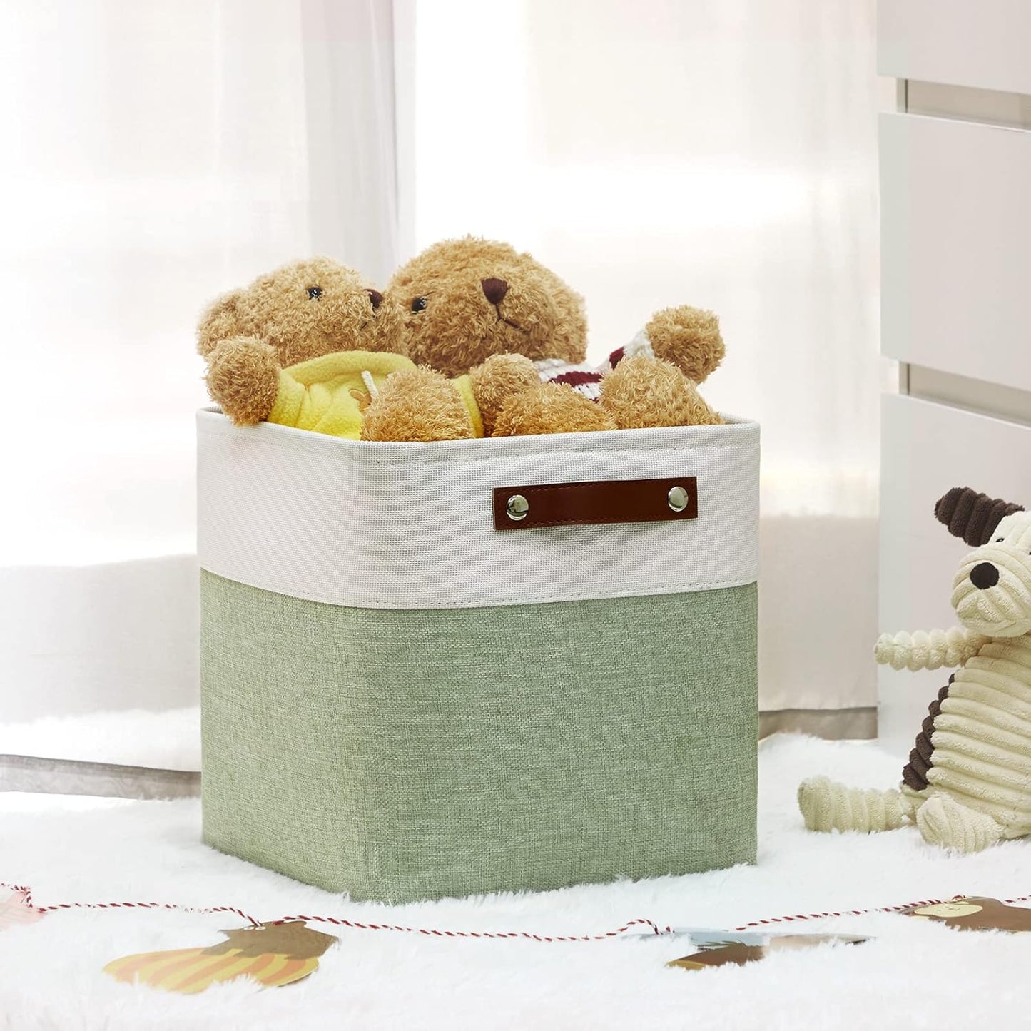 DULLEMELO Storage Baskets for Organizing, Fabric Storage Cubes for Dog Toy Box, 11 Inch Decorative Cube Storage Bins with handle for Baby Gift Basket(4 Pack - 11" White&Green)