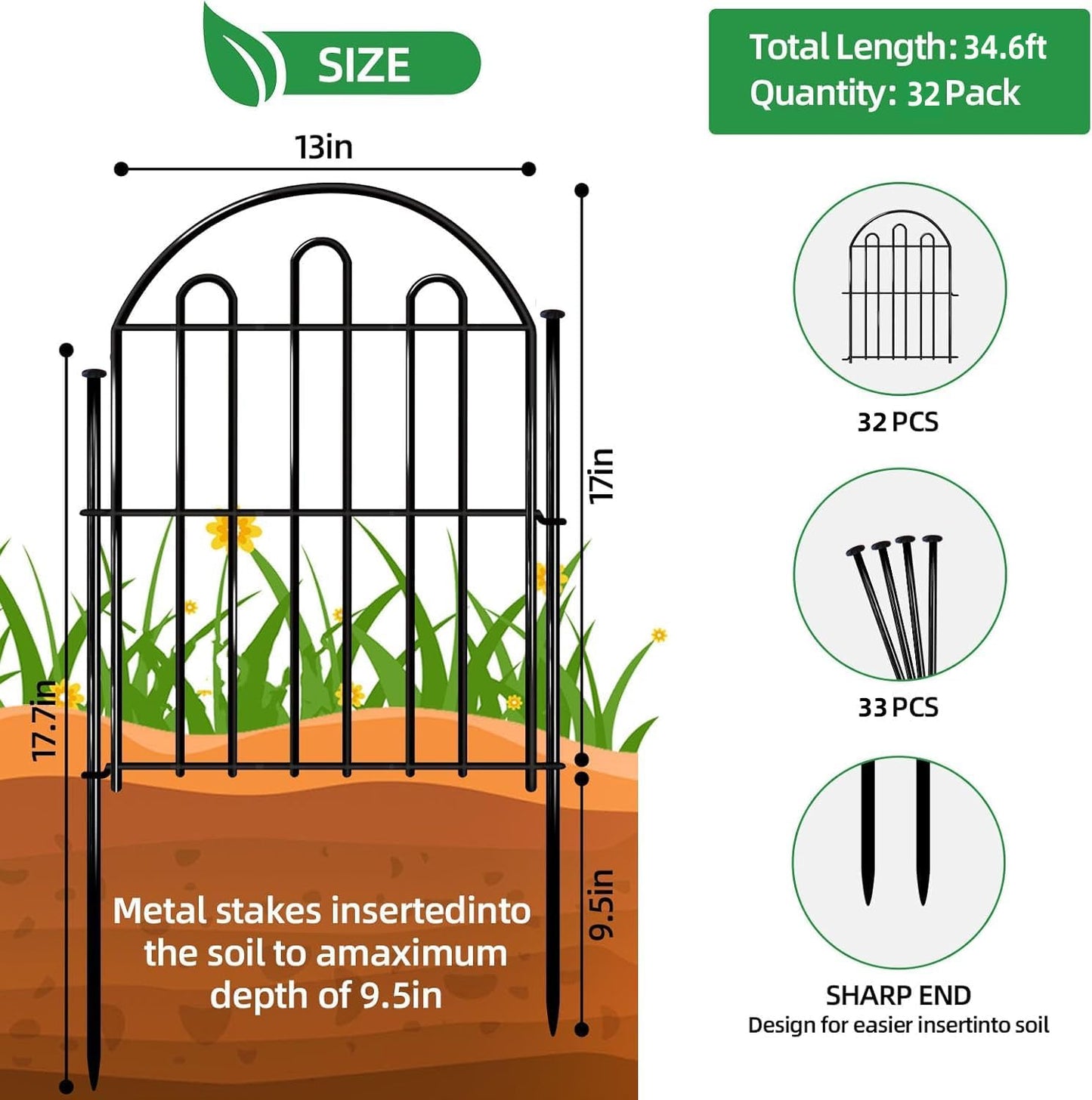 32 Pack Decorative Garden Fence, 26in x 34.6ft Arched No Dig Animal Barrier Fence for Dog Rabbit, Garden Edging Border, Rustproof Metal Ground Stake Border Fencing Panel for Outdoor Yard Patio Decor