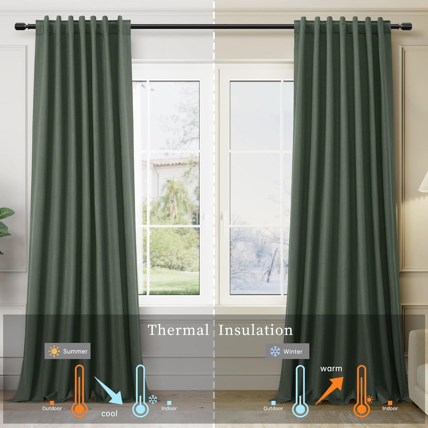BOODII Linen Blackout Curtains for Bedroom 72 Inch Length 2 Panels Set Room Darkening Curtains Olive Green Black Out Curtain Elegant Thermal Insulated Living Room Window Drapes Back Tab Loden 52x72