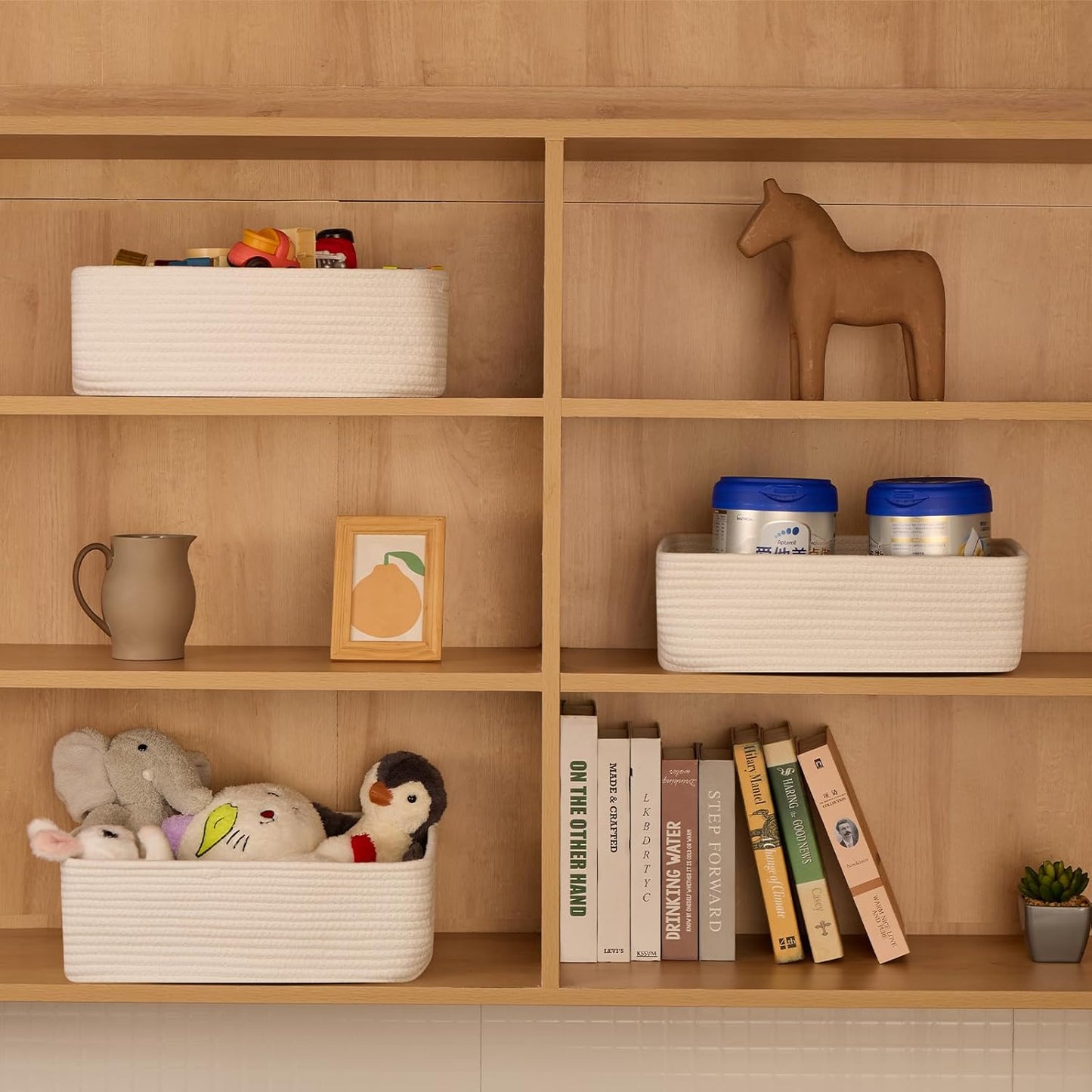 Large Shallow Organizing Baskets 15x11x5.1 Inches - Rope Woven Storage Bins for Bathroom, Shelves, Cube Closet, Off White 2 Packs