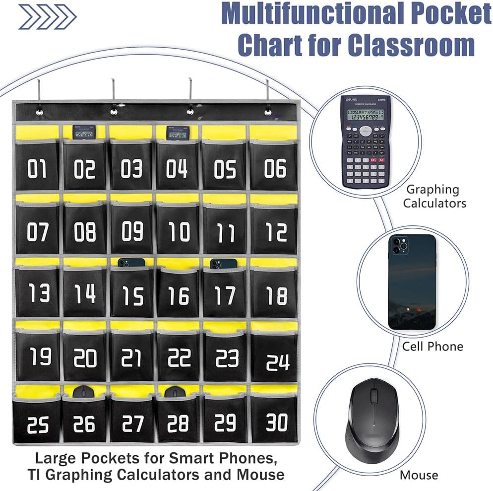 Loghot Classroom Accessories Closet Pocket Chart for Cell Phones Holder Wall Door Hanging Organizer (30 Pockets Black)