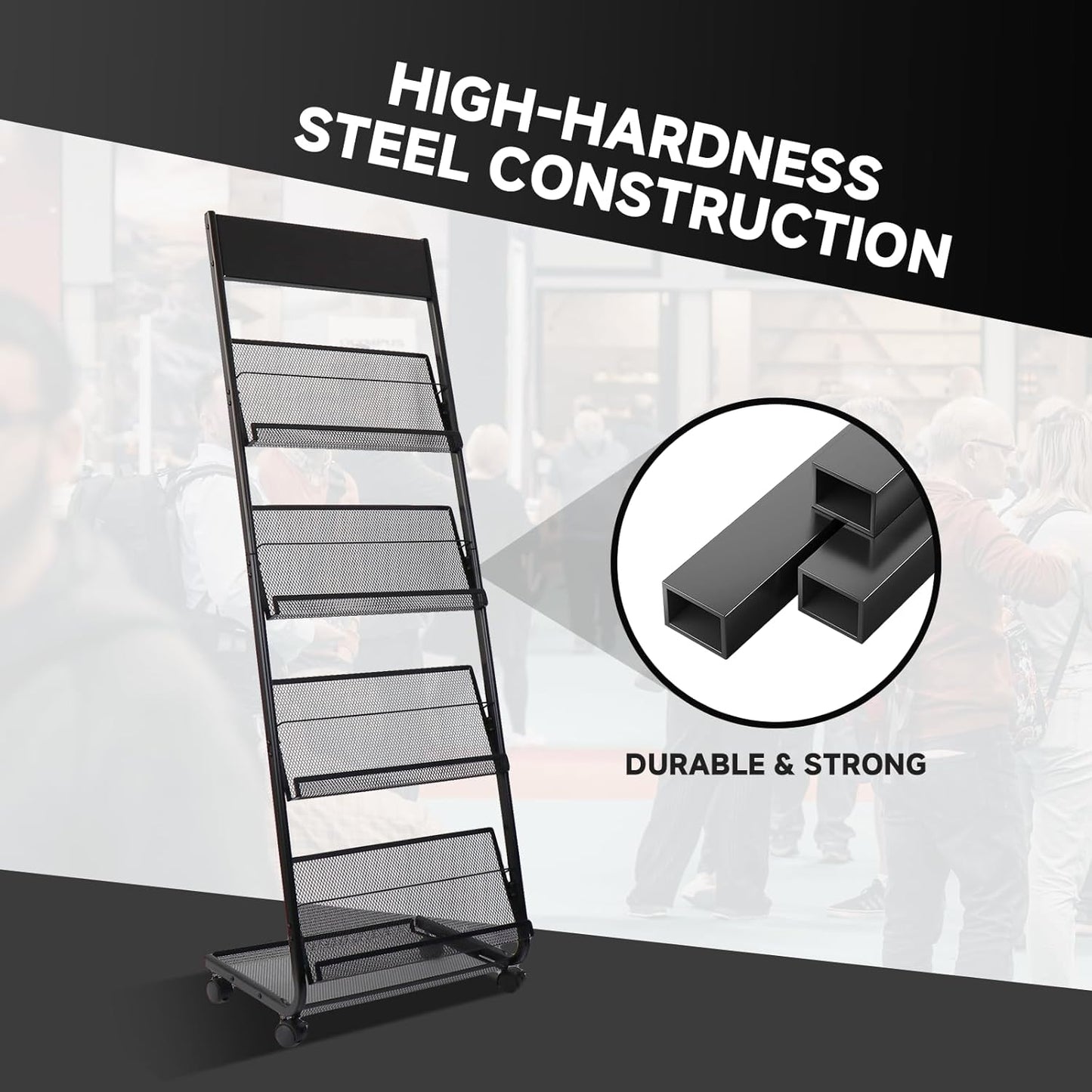 Floor-Standing Magazine Rack 4-Layer with Wheels, Brochure Display Stand for Exhibitions, Office, and Any Organization Requiring Information Display