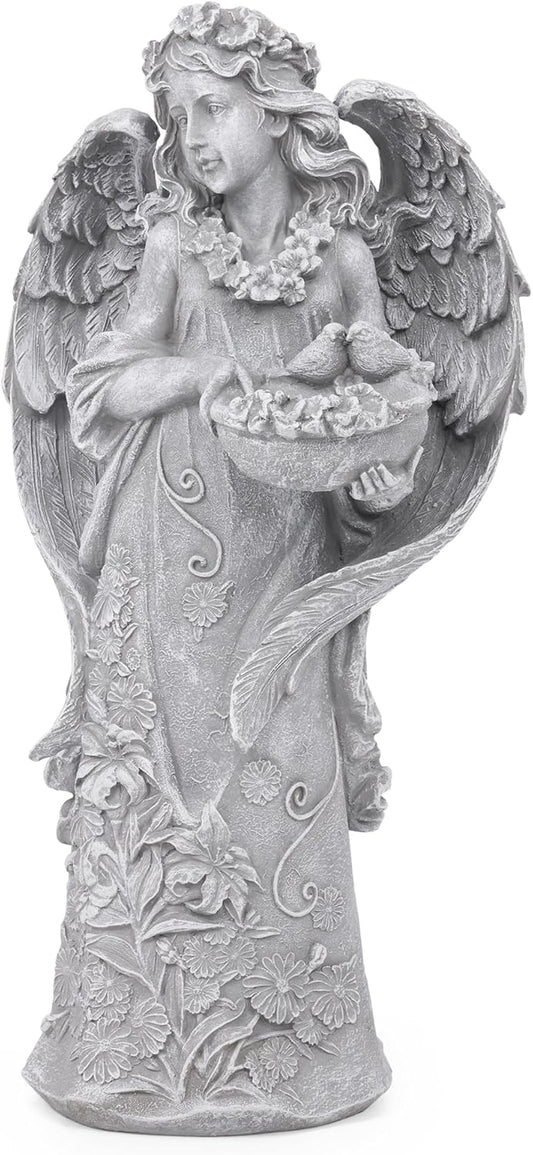 Outdoor Statues Angel Décor Garden Statue- 23.5" H Angel Statue,Resin Angel with Bird Figurine, Ideal for Yard, Patio, Deck, Home Entryway, and Hallway（Grey）