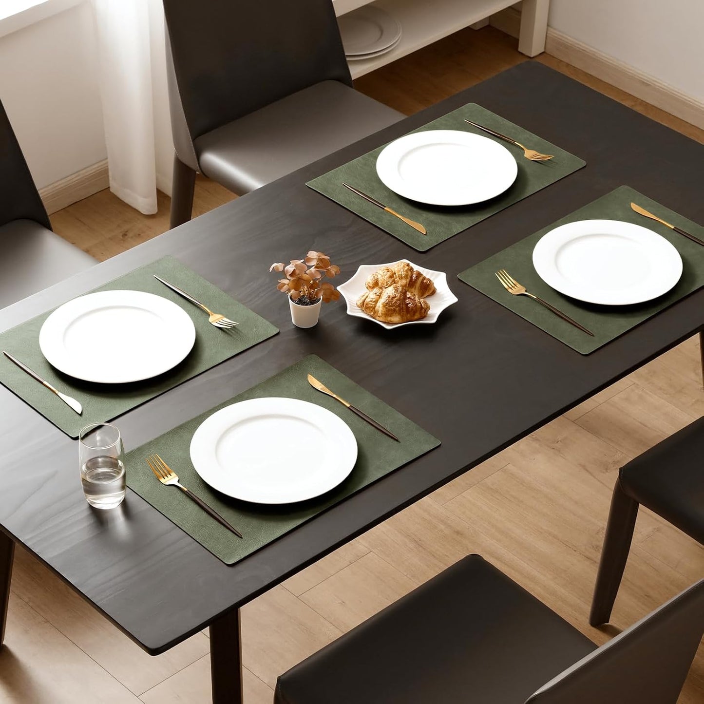 MOSAYT Vinyl Placemats Set of 8-12 X 17 Inch - Faux Leather 100% Waterproof Oil-Proof Wipeable PU Place Mats, Heat Resistant Reversible Table Mats for Kitchen, Dining, Outdoor (Olive Green)