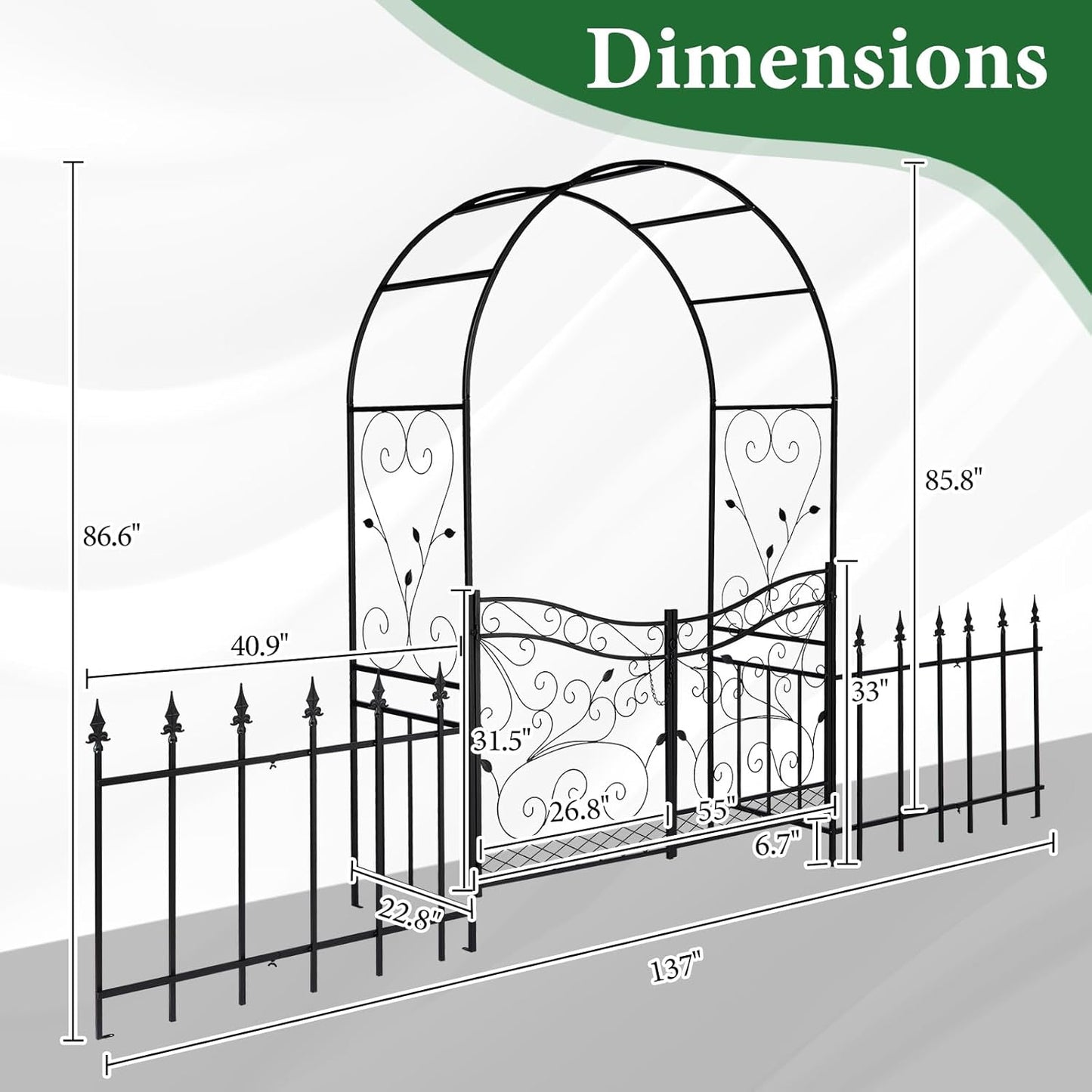 VINGLI Garden Arbor Arch, Wedding Arch Archway for Ceremony Party, Trellis for Plant Climbing, Christmas Decorations Pergola for Backyard, Lawn, Patio, Yard (Arbor with Gate and Fence)