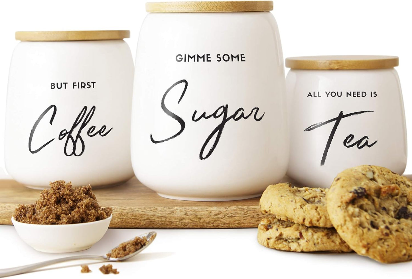 Coffee Tea and Sugar Ceramic Canister Set - 3-Piece Airtight Kitchen Canisters for Countertop - Coffee Bar Container Set