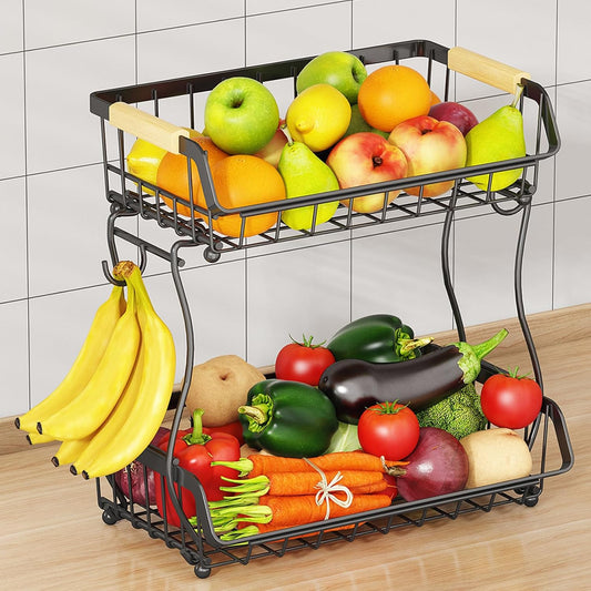 2 Tier Fruit Basket with 2 Banana Hangers, Detachable Countertop Fruit Bowls for Kitchen Counter, Metal Wire Fruit Vegetable Storage Holder Stand with Wooden Handles for Bread, Snacks, Veggies