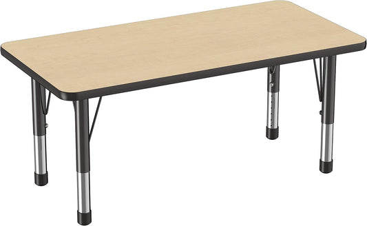 FDP Rectangle Activity School and Kids Classroom Table (24 x 48 inch), Toddler Legs, Adjustable Height 15-24 inches - Maple Top and Black Edge
