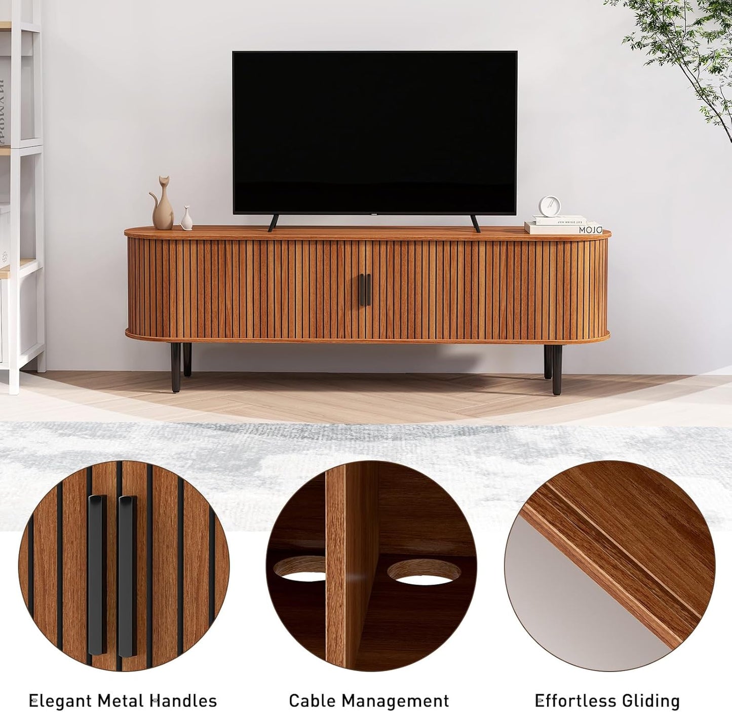 Bonzy Home 70" Mid Century Modern TV Stand, Tambour Entertainment Center with Storage, Long Media Console Television Stand with Metal Legs for up to 75'' TV, Walnut