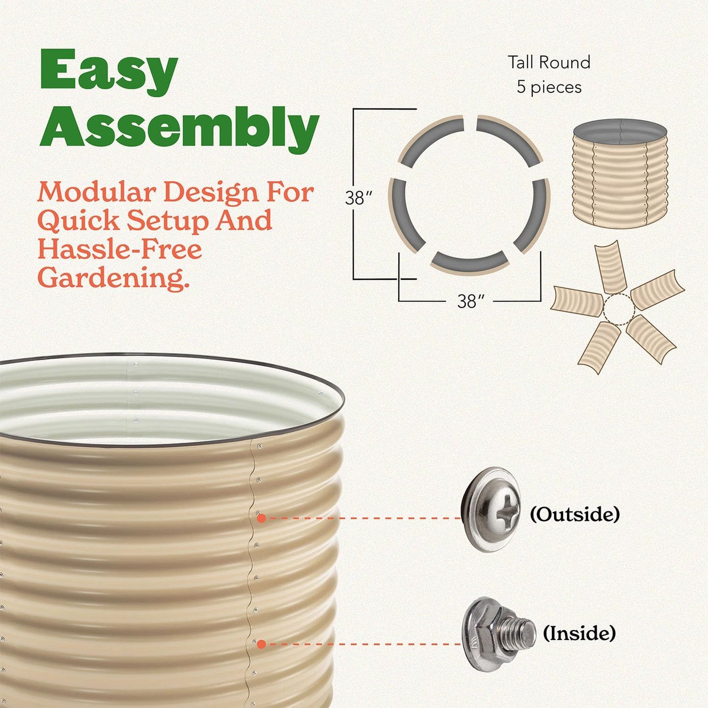 Epic Gardening 5-in-1 Modular Galvanized Raised Garden Bed Kit, 15" Tall Metal Planter Box, Durable Aluzinc Steel Raised Garden Bed Outdoor for Vegetables, Herbs, Flowers & Fruits - Round - Light Clay