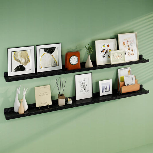 Floating Picture Ledge Shelves 72 Inch Solid Oak Wood Set of 2, Rustic Wall Storage Shelves with Lip, Kids Bookshelf, Photo & Picture Ledge Shelves for Bedroom, Living Room, Kitchen