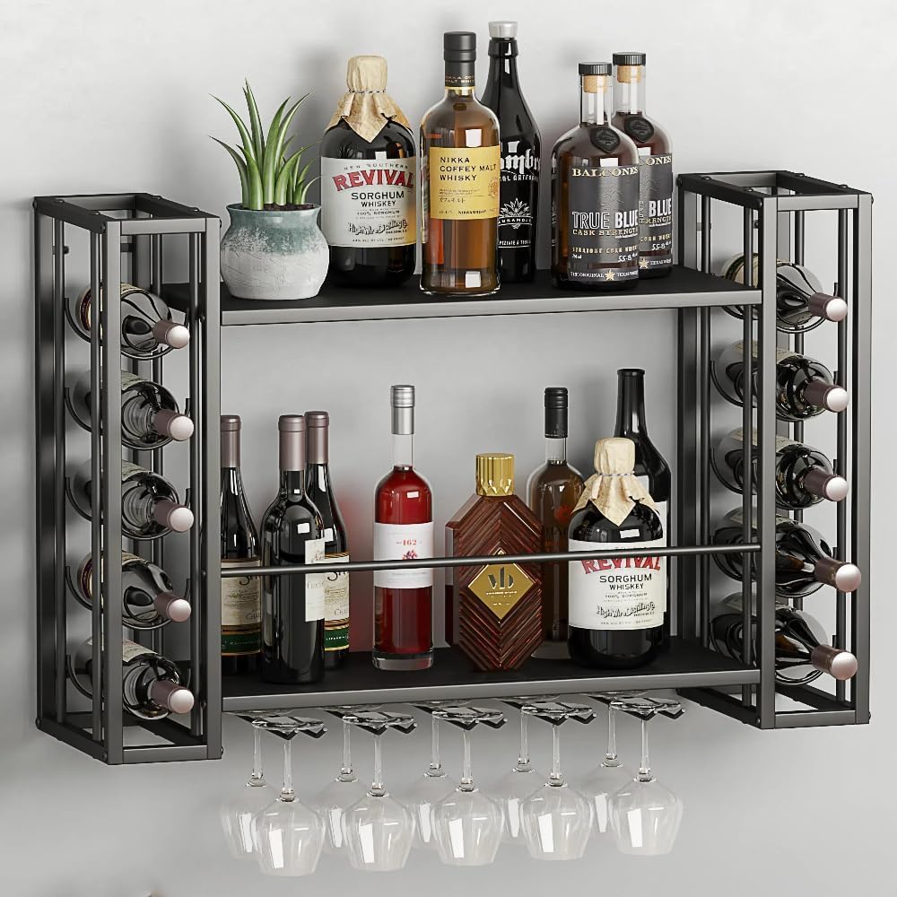 Wall Mounted Wine Rack, Wine Rack Wall Mounted with Wine Glass Rack, 2-Tier Multi-Functional Shelf for Home Restaurant Bar Storage Rack,Black (47.2”W x 9.8”D x 21.65”H)