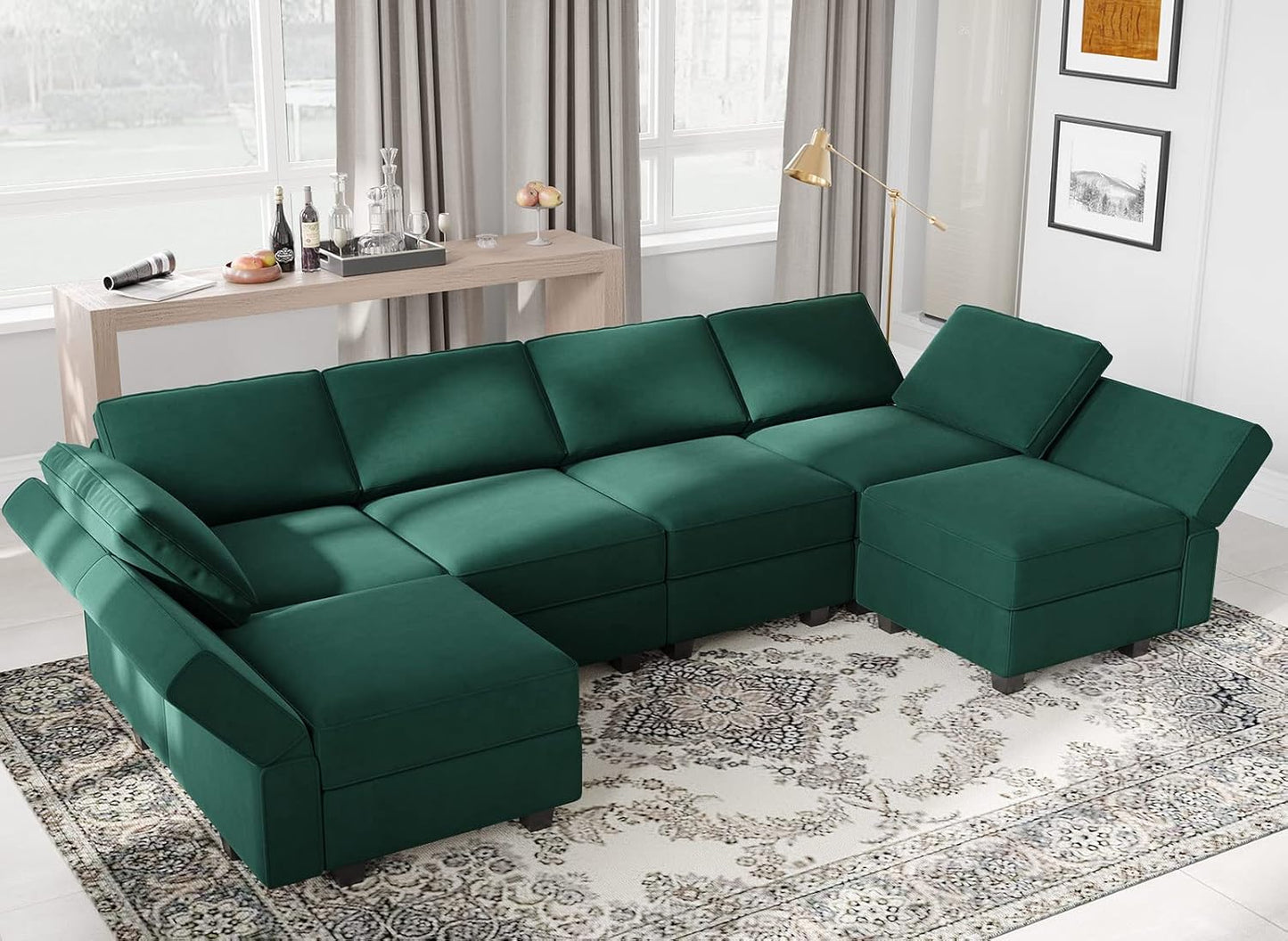 Belffin Modular Sectional Couch U Shaped Sofa with Storage Seat Reversible Sectional Sofa Couch with Chaise Velvet Green