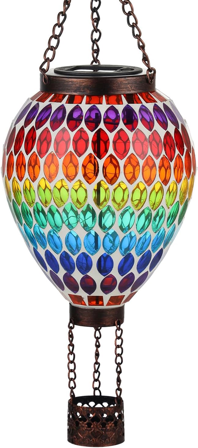 VOREEN Hot Air Balloon Solar Lantern, Mosaic Solar Outdoor Hanging Wind Light, Waterproof, Patio Festive Decor, Gift for Mom Wife Friend, Rainbow Pattern