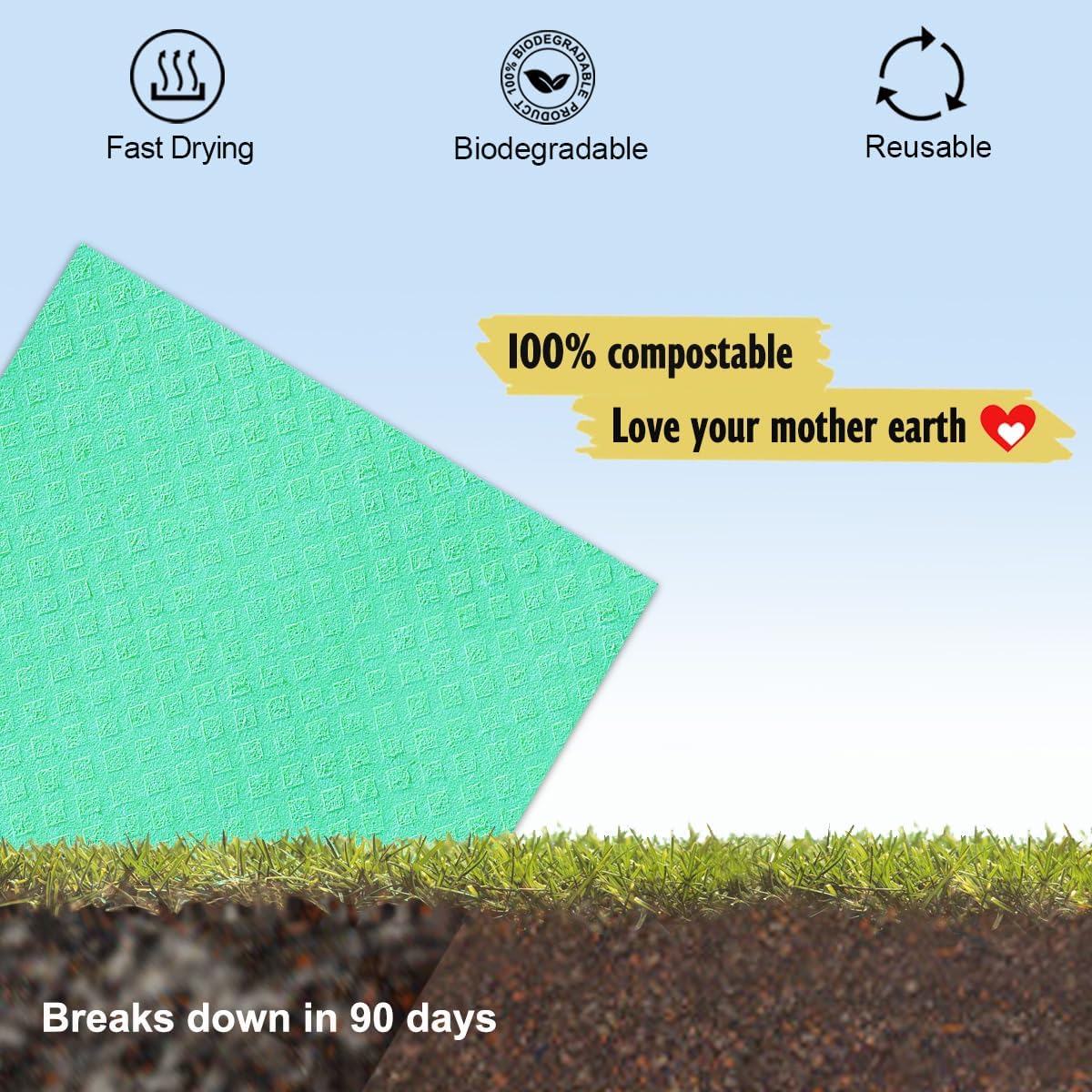 Swedish Dishcloths - 10 Pack Reusable Kitchen Dishcloths - Ultra Absorbent Dish Towels for Washing Dishes - Cellulose Sponge Cloth Cleaning Cloths - Green