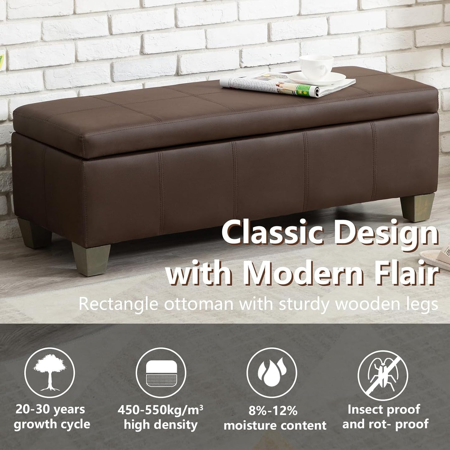 51 Inch Brown Faux Leather Ottoman with Storage, Rectangular Extra Long Bench, End of Bed Bench with Large Storage for Bedroom, Living Room