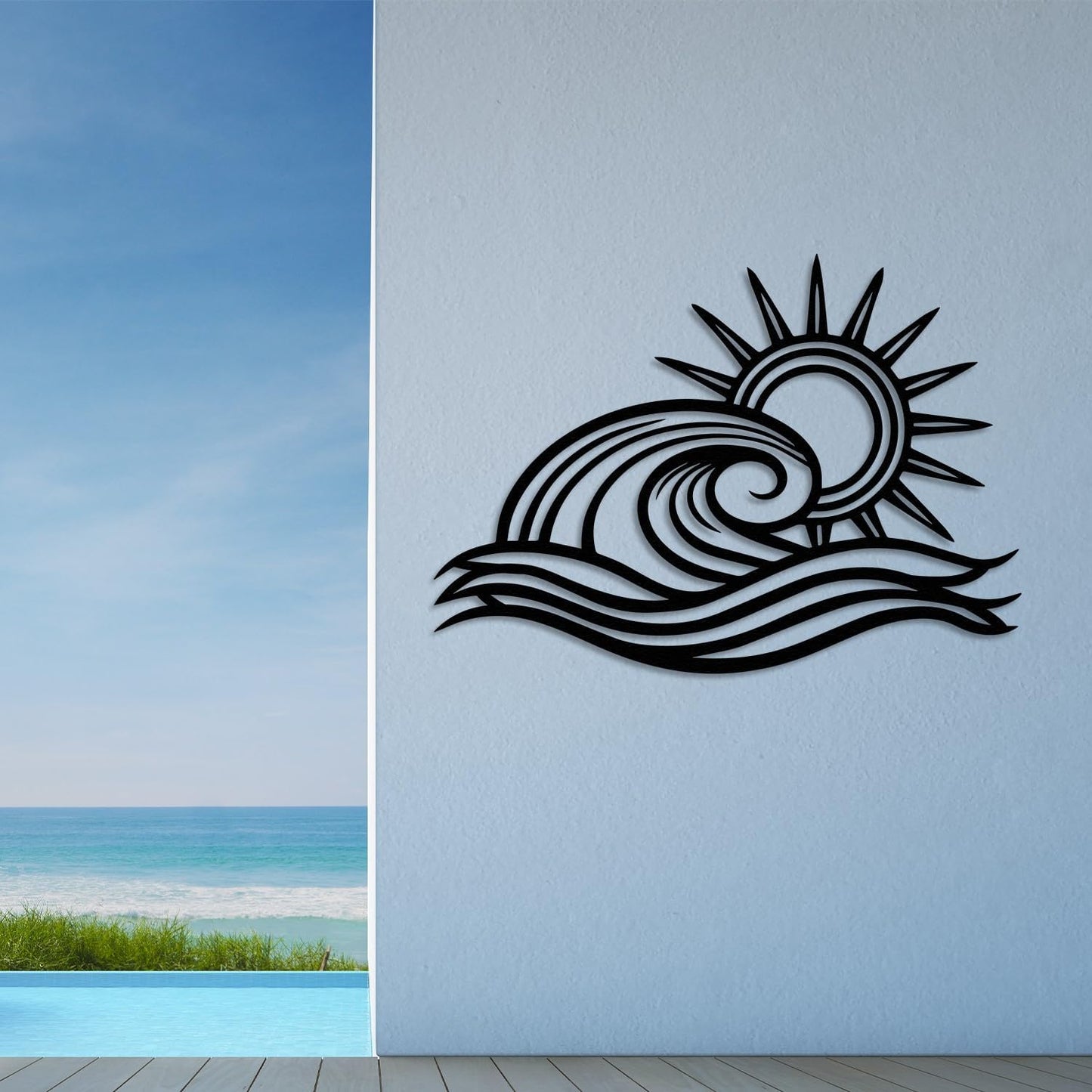 Wita Home Ocean Wave Metal Wall Art, Sun Beach Decor, Coastal Large Wall Sculpture for Home, Indoor/Outdoor Use, Nautical Wall Hanging, Eye-Catching Addition to Living Room (Gold, 32 x 19 inches)