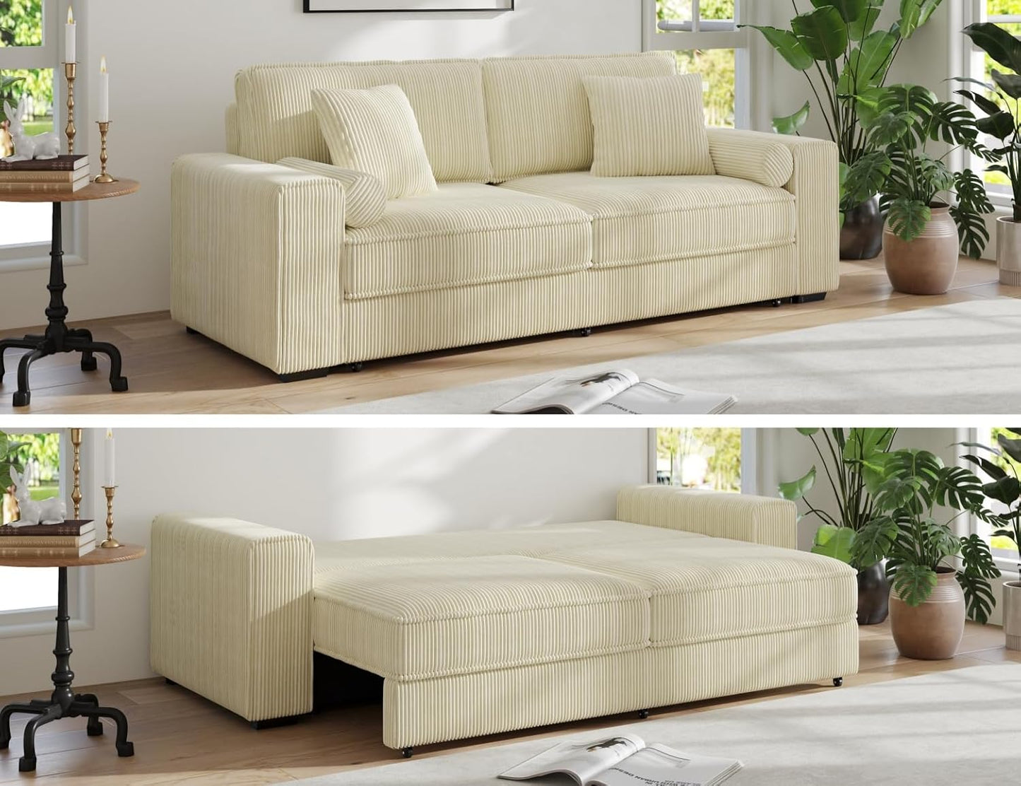 91-Inch Corduroy Pull Out Couch with Storage, Convertible Queen Sleeper Sofa with Pull Out Bed, Hide a Bed Couches for Bedroom, Guest Room, Apartment, Small Places, RV (Beige)