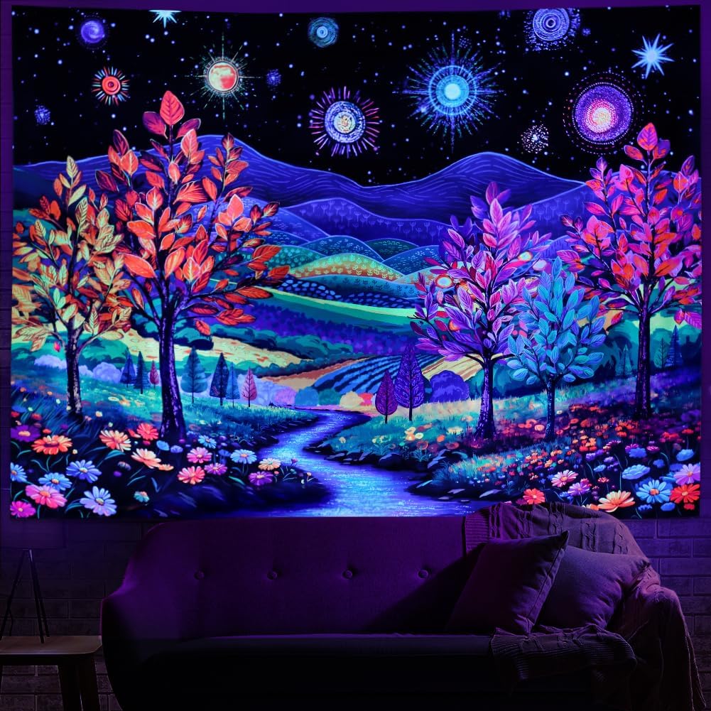 Heynvioo Blacklight Forest Tree Tapestry UV Reactive Fantasy Starry Sky Tapestries Colorful Nature Landscape Tapestry Hippie Mountain Tapestries Vintage Aesthetic Wall Hanging Decor for Home
