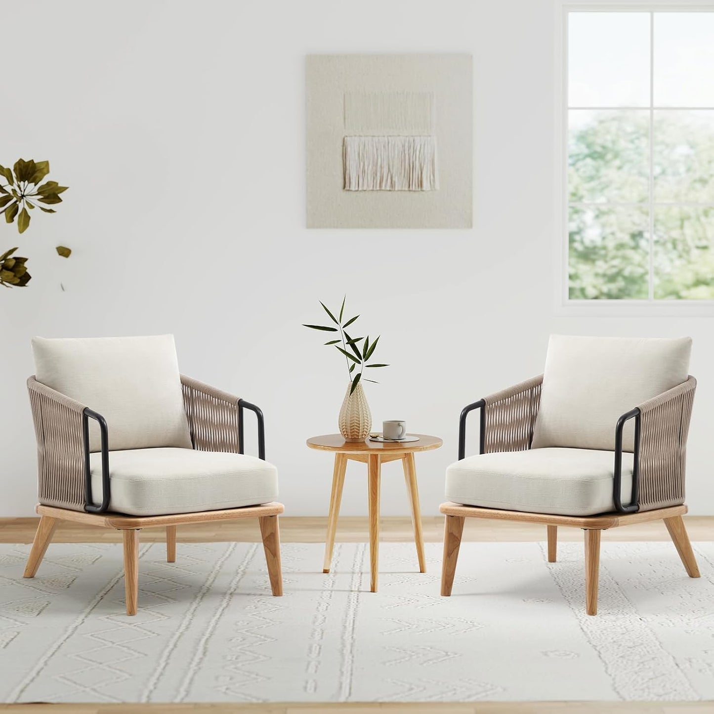 ANJ Accent Chair Set of 2,Mid-Century Modern Reading Chair with Braid Armrests, Armchair for Living Room Bedroom Outdoor