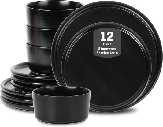 Stone Lain Eden 12-Piece Dinnerware Set Stoneware, Plates and Bowls Set, Dishwasher and Microwave Safe Dish, Dish Set for 4, Black