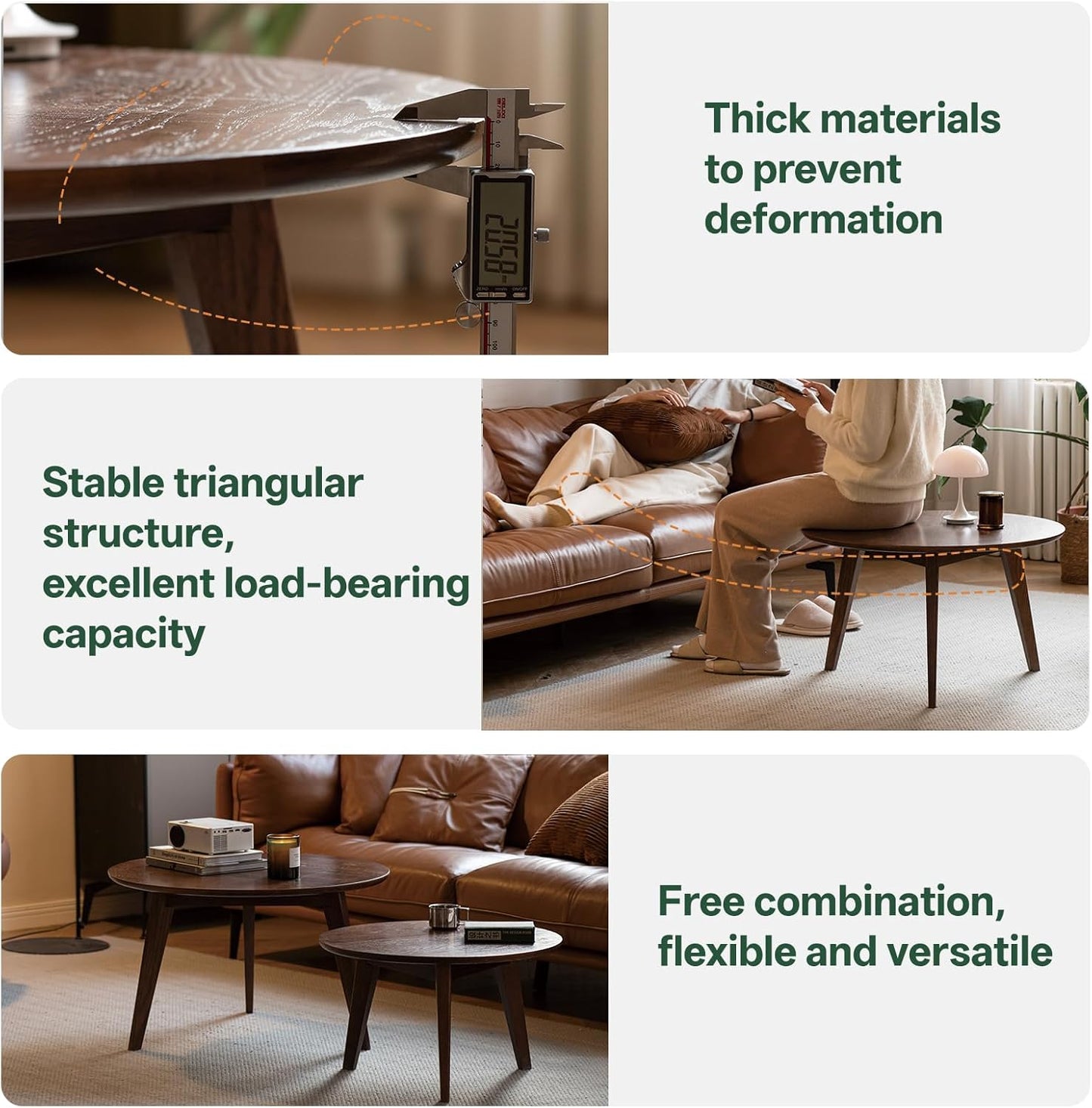 100% Solid Oak Wood Coffee Table Set, Round Coffee Table Combo Side Table w/Solid Wood Legs, Mid Century Table Sturdy Tables for Bedroom Balcony Living Room (Walnut, 3 Pieces)