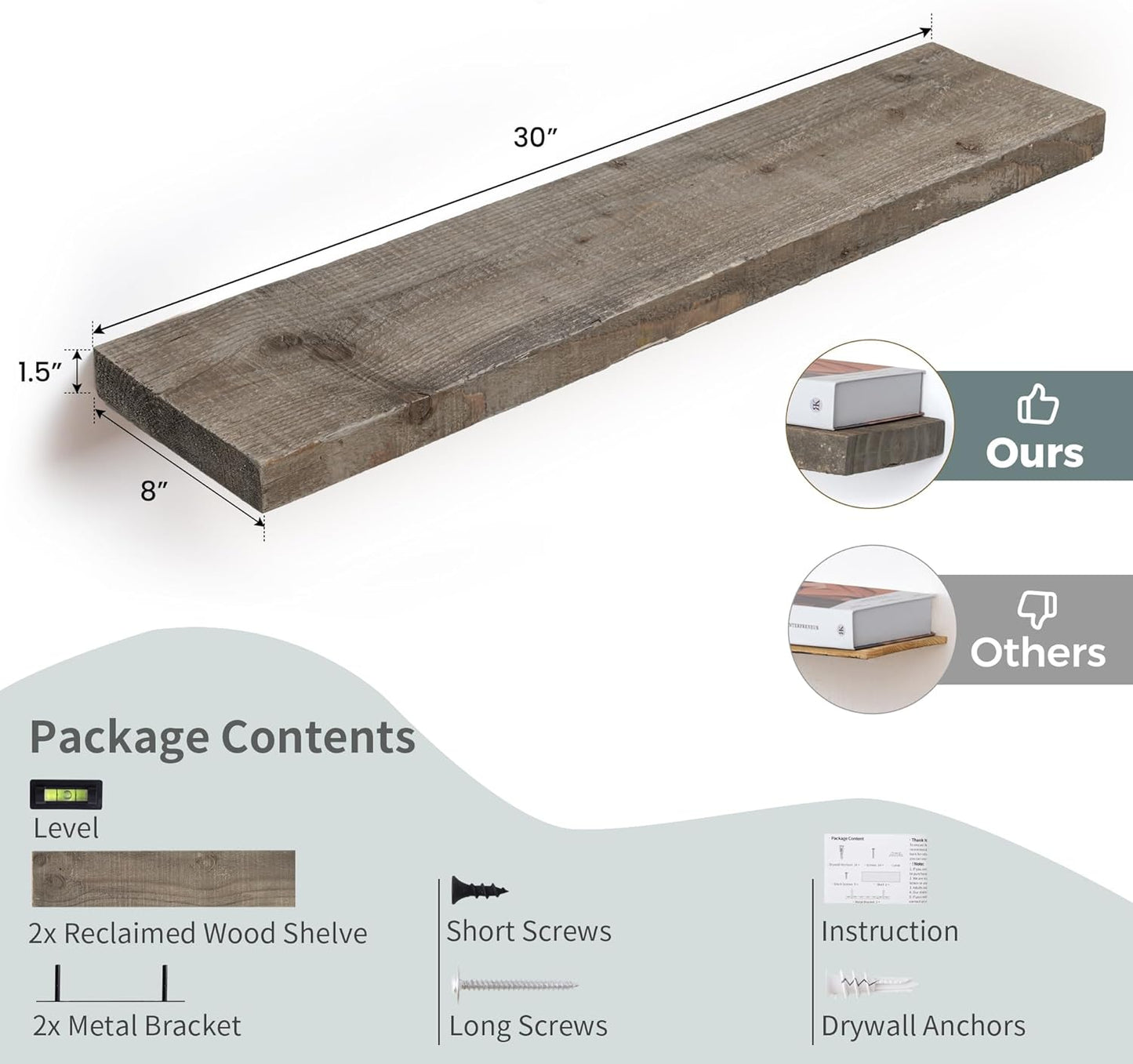 Floating Shelves, 8 Inch Deep Rustic Solid Reclaimed Wood Wall Shelves for Storage, Wall Mounted Display Shelving with Invisible Heavy-Duty Metal Bracket, 30 Inch Width Set of 2, Grey