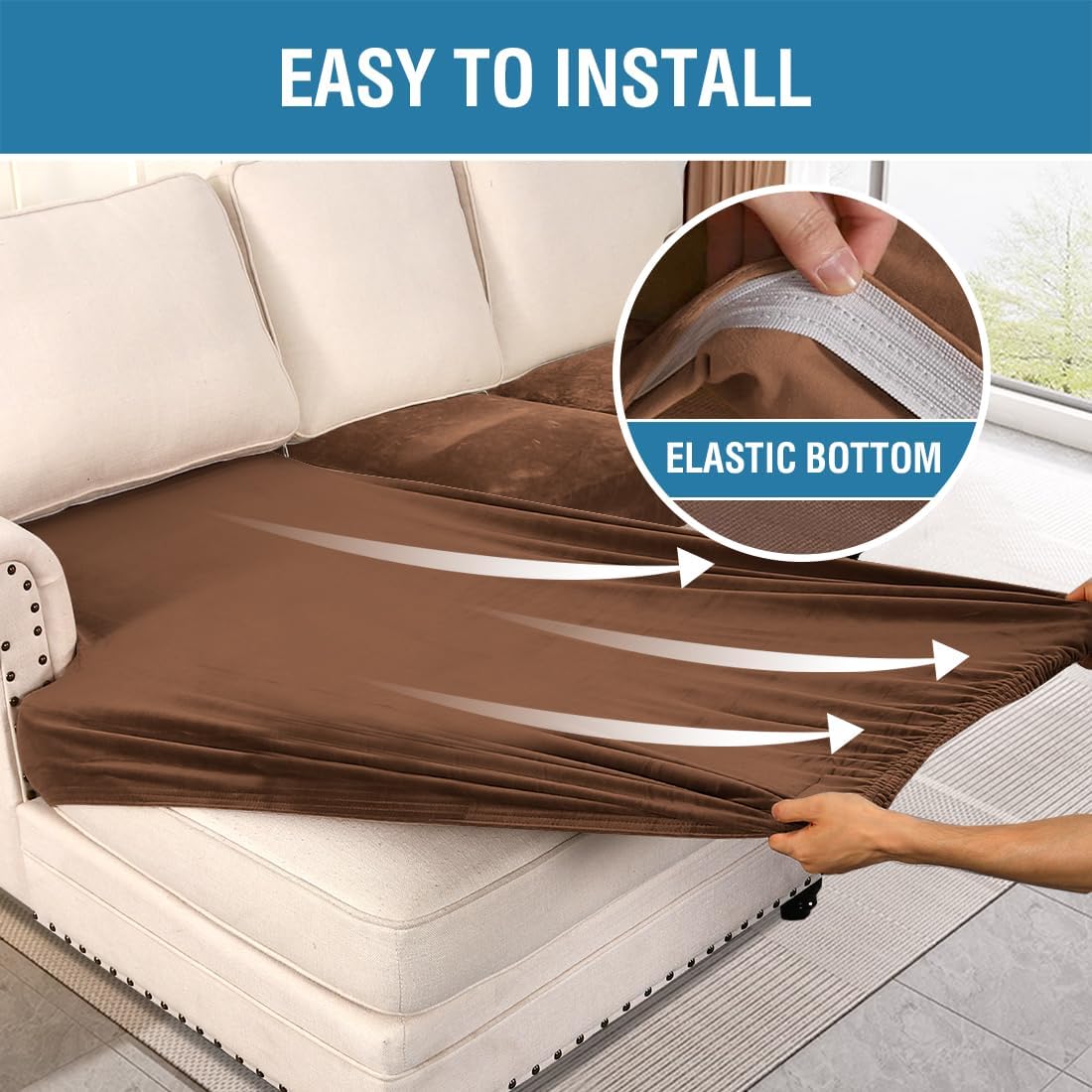 H.VERSAILTEX Velvet Stretch Sectional Couch Covers 3 Pieces Sofa Seat Cushion Covers L Shape Separate Cushion Couch Chaise Cover for Both Left/Right Couch (Large Sofa 2 Seater + 1 Chaise, Caramel)