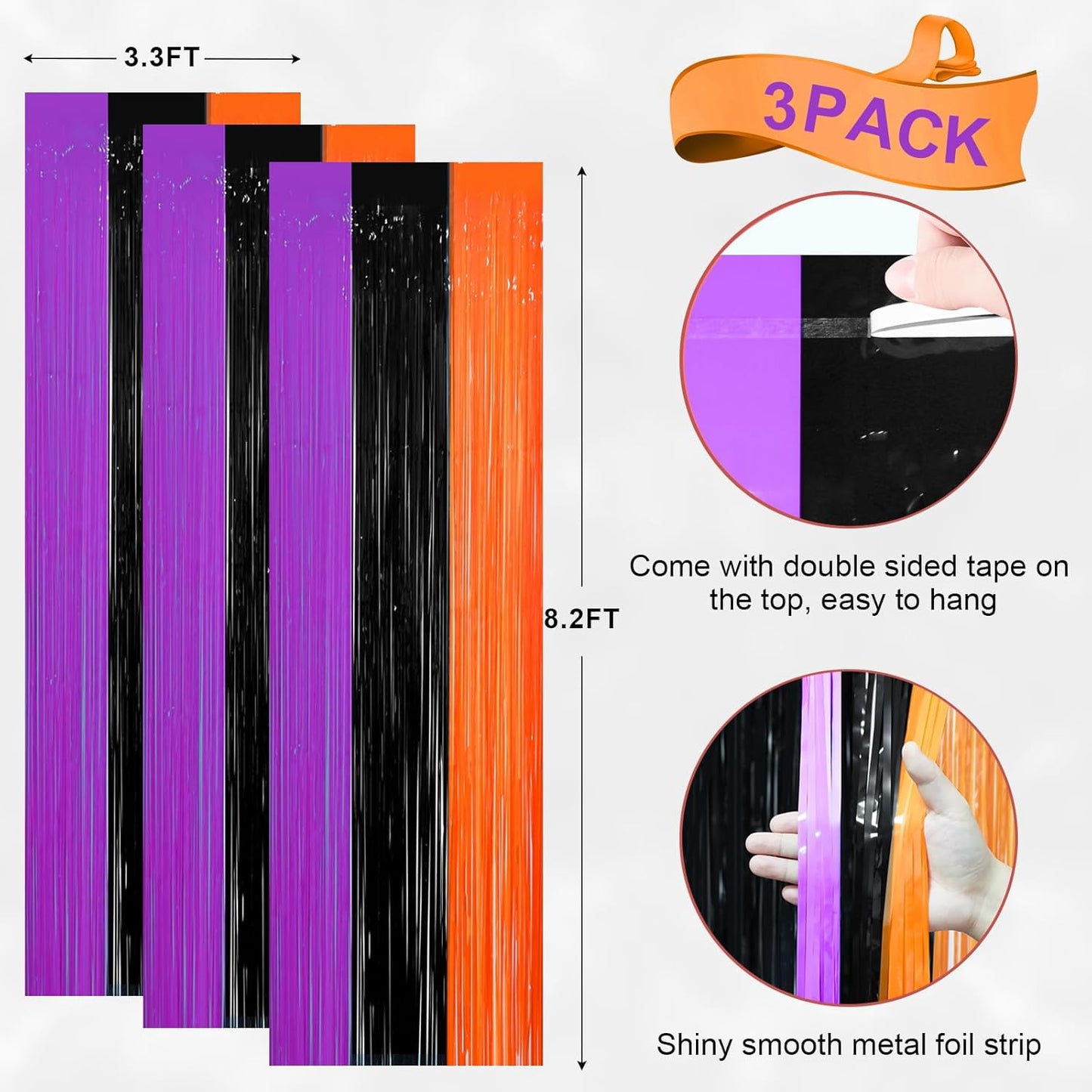 3 Pack 3.3 x 8.2 ft Halloween Foil Fringe Backdrop Curtains, Tinsel Streamers Party Decorations, Fringe Backdrop
