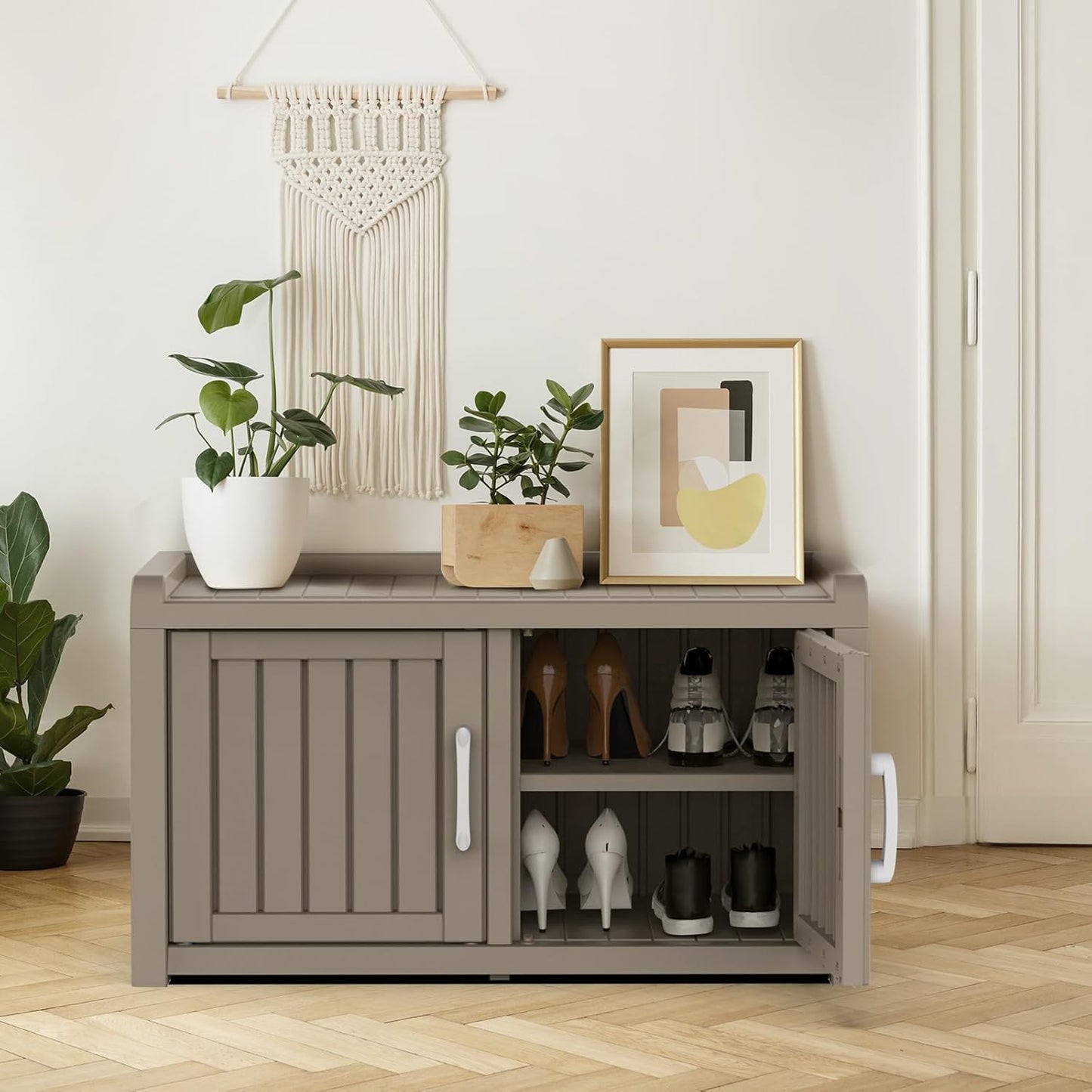 ROJIK Shoe Cabinet Waterproof UV-Resistant,Storage Bench Indoor Outdoor with Adjustable Shelves,for Entryway Bedroom,Hallway,Living Room(Double Door,Grey)