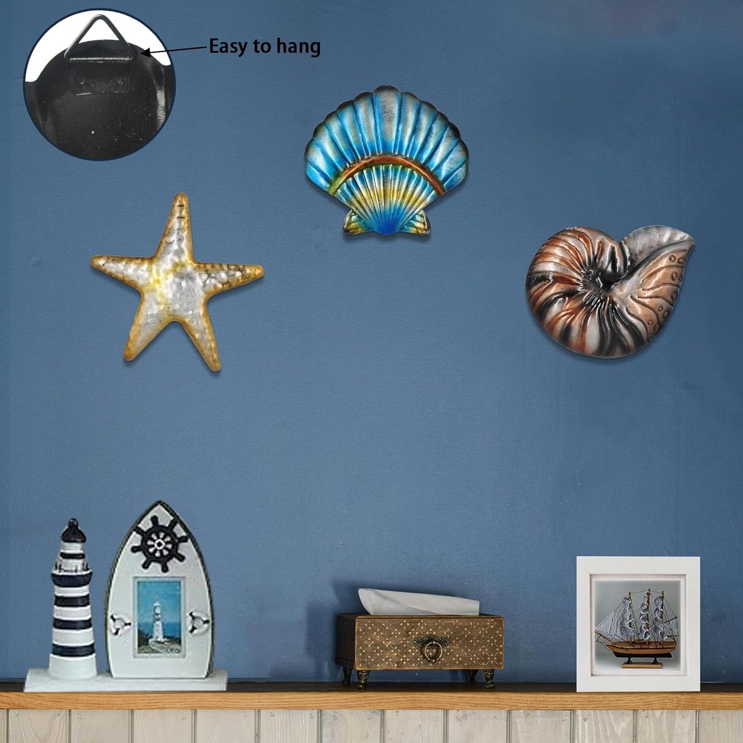 Metal Ocean Wall Sculptures Outdoor Metal Sea Star Conch Wall Art Decor Pool Garden Patio Bathroom Yard Farmhouse Fence Deck