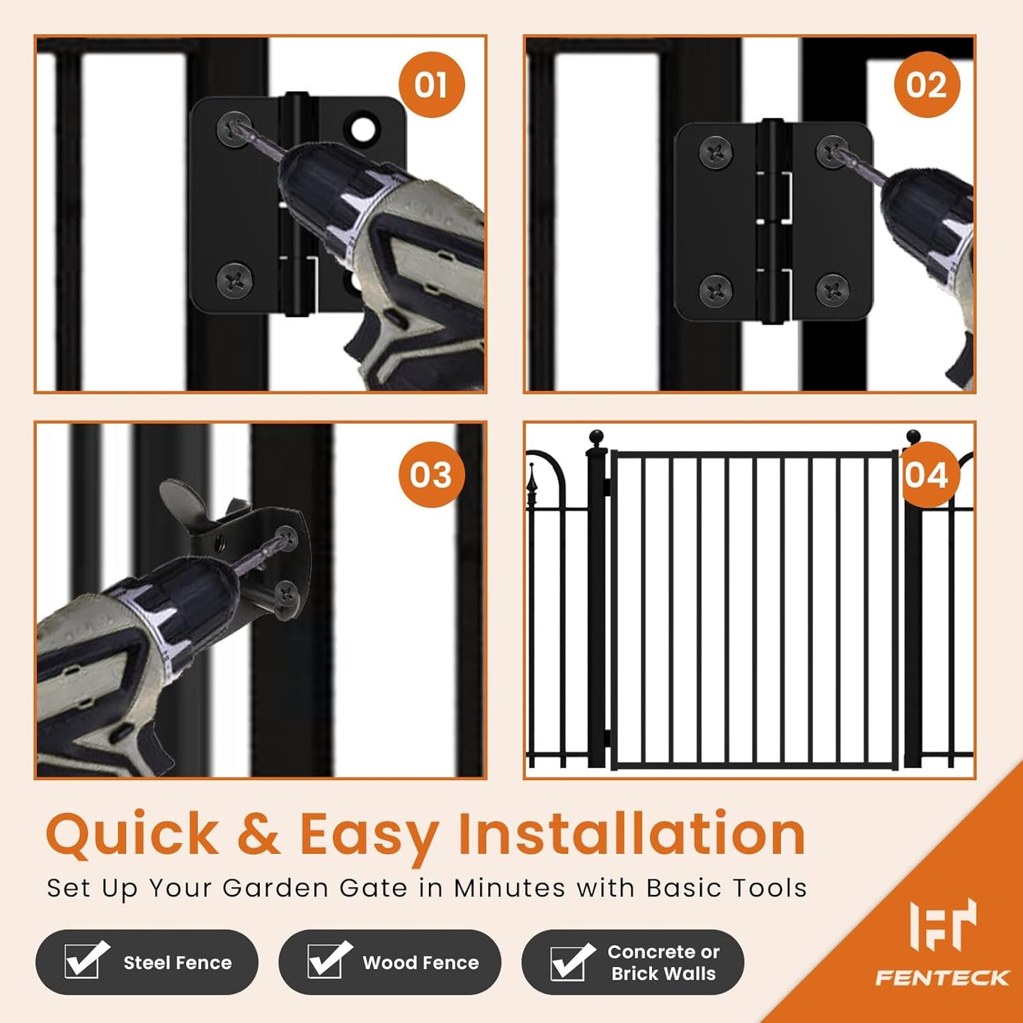 Black Metal Gate, 3.5' W x 4' H, Rustproof Outdoor & Pool Gate, Easy DIY Installation to Iron Fencing, Wood or Brick Walls, Stainless Steel Hinges & Self-Locking Latch