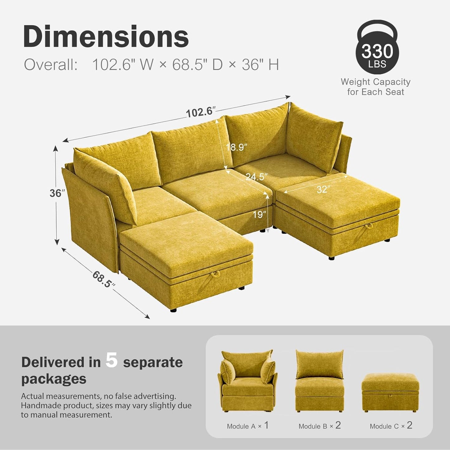 102.6" U Shaped Modular Sectional Sofa, 5 Seater Couch with Storage Ottoman Deep Seat and High Backrest with Removable Cover for Living Room, Apartment - Chenille Yellow