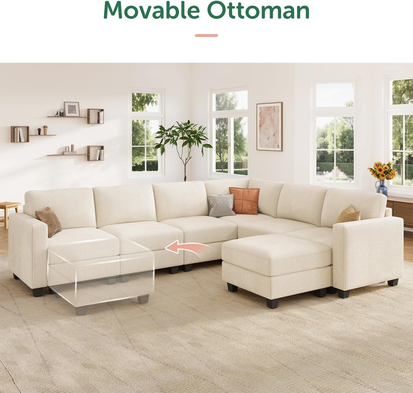 HONBAY Corduroy Sectional Sofa with Storage, U Shape Modular Sectional Sofa with Chaise, Modular Couches for Living Room, Beige