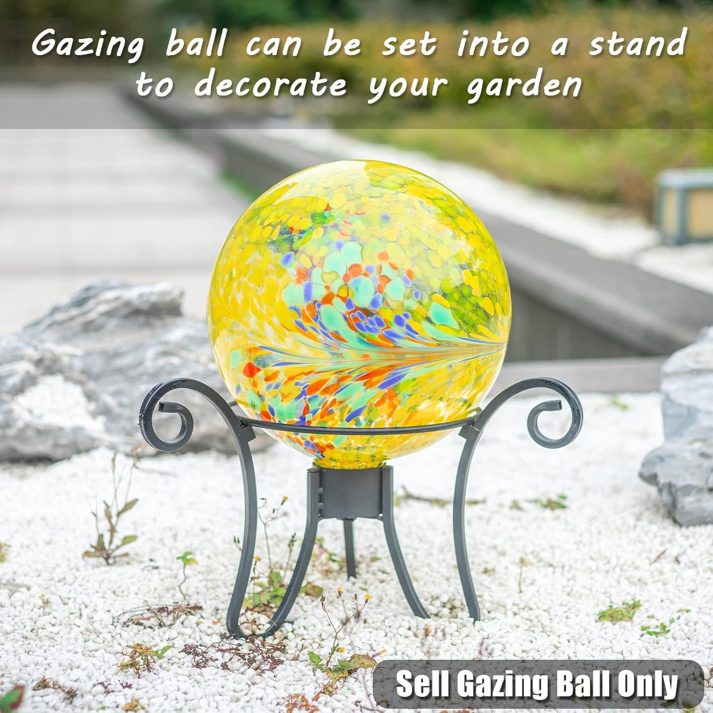 VCUTEKA Gazing Ball, Glass Gazing Balls Sphere for Garden Lawn Outdoor Ornament Yard Decorative, Yellow Swirl, 10"