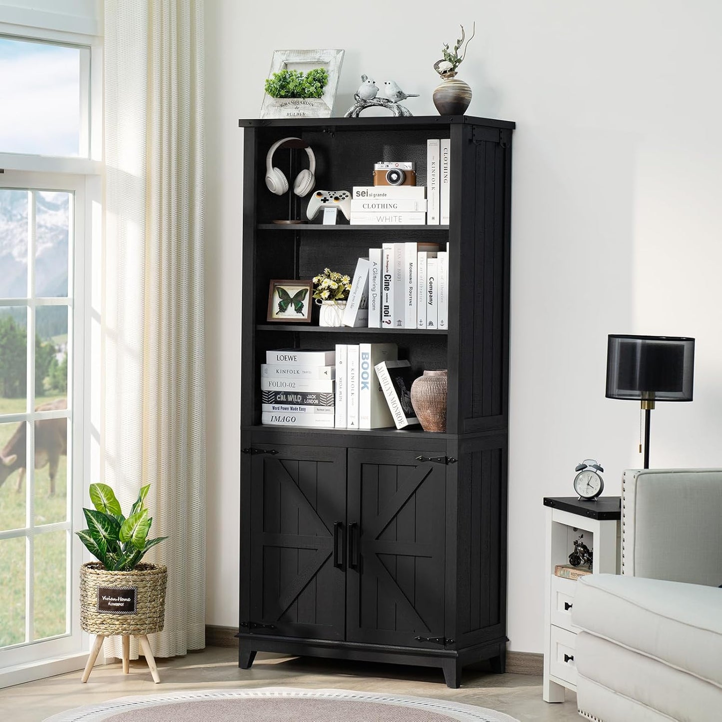 70in Tall Bookshelf 5 Tier Bookcase with Barn Doors and Adjustable Shelves, Black Farmhouse Book Shelf with Storage Cabinet, Wood Freestanding Display Bookshelves for Bedroom, Kitchen (2PCS)