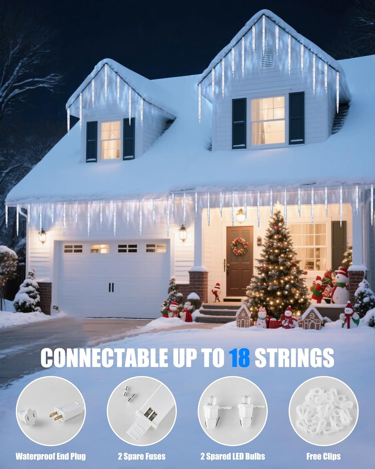 Minetom Icicle Lights Outdoor with Clips, 20ft 100 LED 20 Tubes Twinkling Icicle String Lights, Connectable Waterproof Hanging Icicle Christmas Lights Plug in for Eave Holiday Outdoor