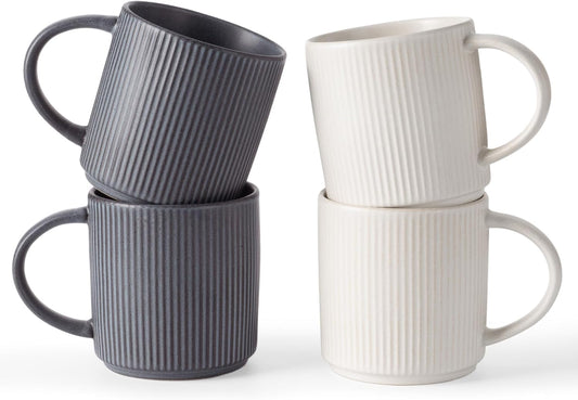 famiware Coffee Mug Set for 4, Star 12 oz Catering Mugs Cup Set with Handle for Coffee, Tea, Cocoa, Milk - Ceramic Stoneware Drinkware Set, Matte White + Matte Black